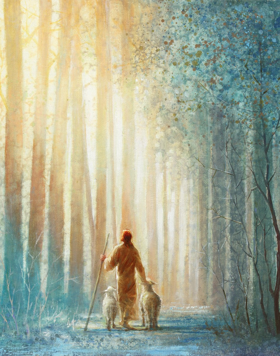 He Leadeth Me is a painting that depicts Jesus walking down a trail with one of His sheep - Yongsung Kim | Havenlight | Christian Artwork