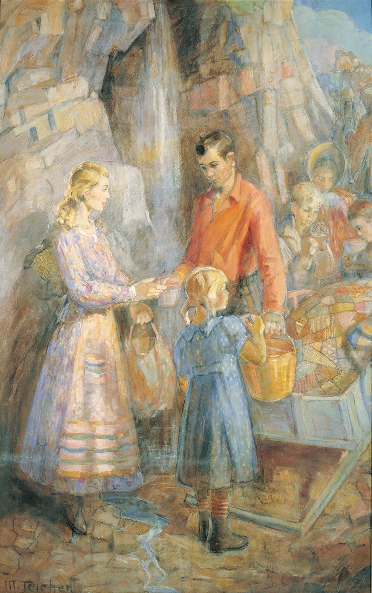 Handcart Pioneers at the Waterfall
