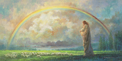 After the Storm is a painting that depicts Jesus Christ looking at a rainbow while holding a little lamb - Yongsung Kim | Havenlight | Christian Artwork