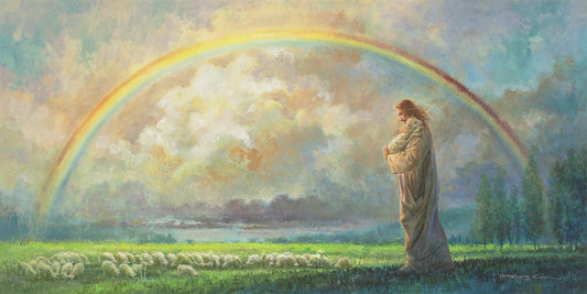 After the Storm is a painting that depicts Jesus Christ looking at a rainbow while holding a little lamb - Yongsung Kim | Havenlight | Christian Artwork