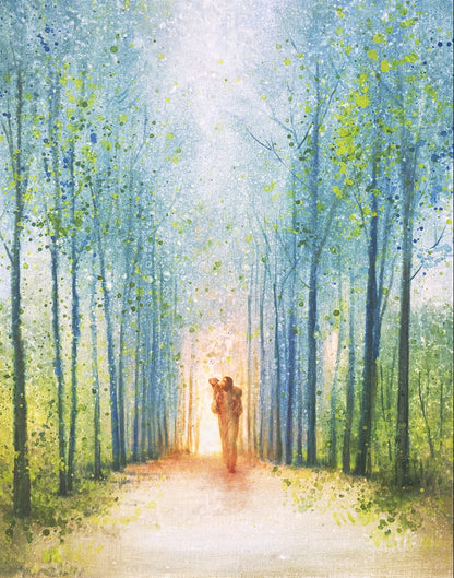 The Shepherd's Path is a painting that depicts Jesus Christ carry a lamb while walking down a narrow path in the forest - Yongsung Kim | Havenlight | Christian Artwork