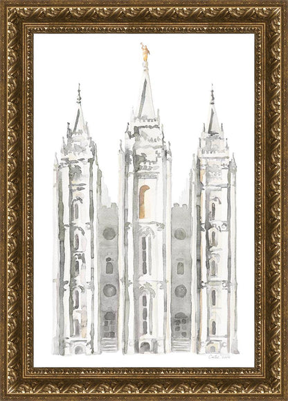 Salt Lake City Temple Watercolor in Gray