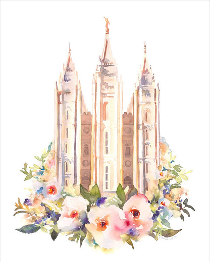 Salt Lake City Temple Floral Watercolor
