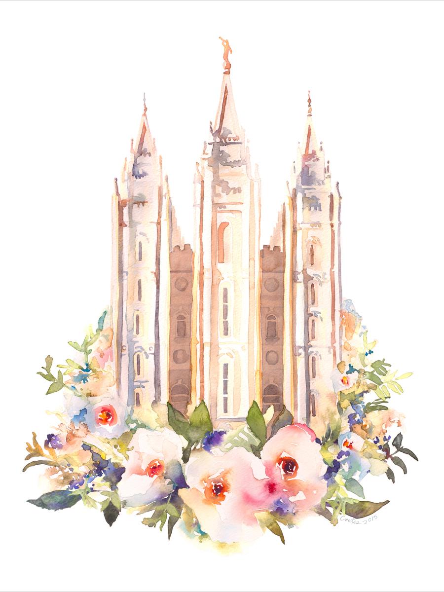 Salt Lake City Temple Floral Watercolor